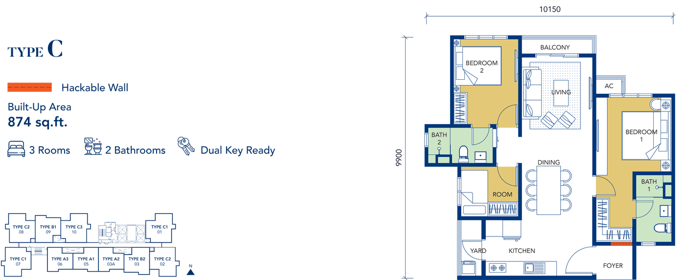 Gen Starz Type C floor plan, 874 sq ft, 3 rooms, dual-key ready