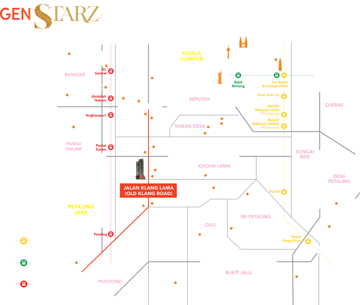 Gen Starz Old Klang Road location map showing KL Sentral, Abdullah Hukum, Angkasapuri, Pantai Dalam and Petaling stations, the proposed MRT3 line, and surrounding Kuala Lumpur neighbourhoods