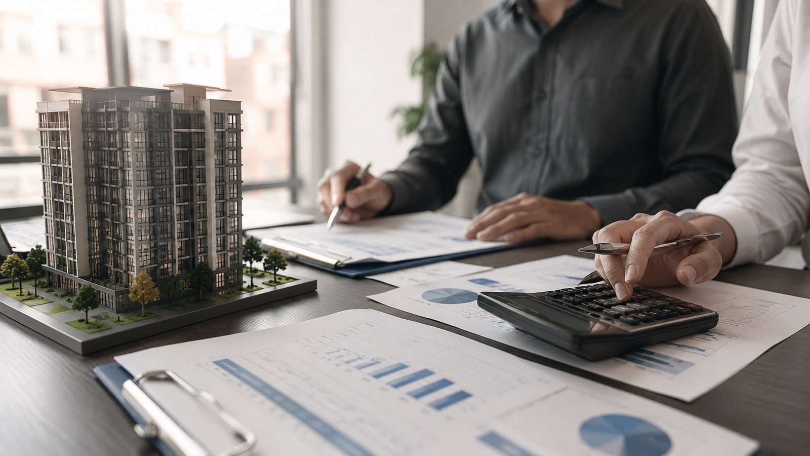 Property buyer reviewing a condominium purchase with a model of a high-rise, charts and calculator on the table
