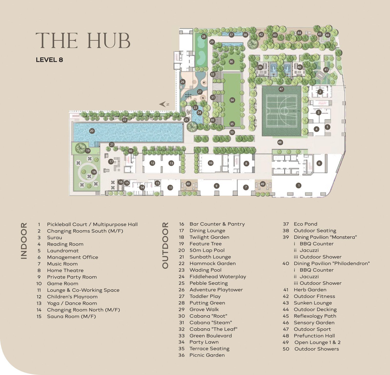 Khaya Residences Bangsar facilities key plan — The Hub on Level 8, showing the 50m lap pool, sky gym, dining pavilions, gardens and play areas