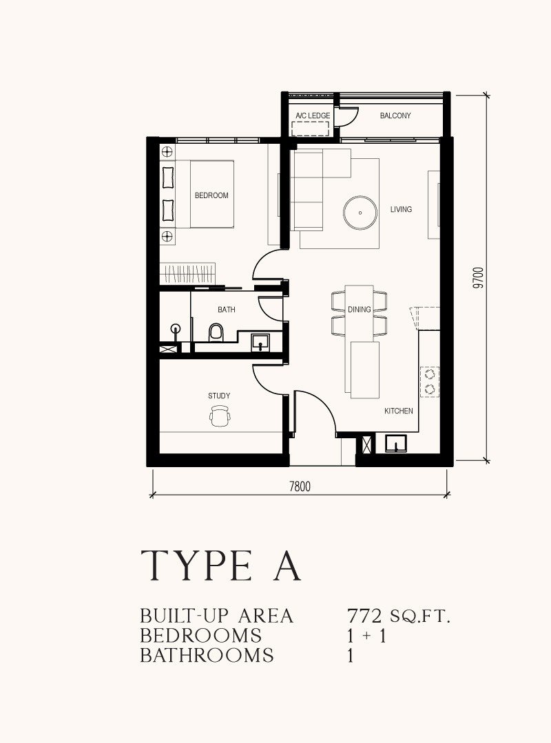 Khaya Residences Bangsar Type A floor plan, 772 sq ft, 1+1 bedroom with study