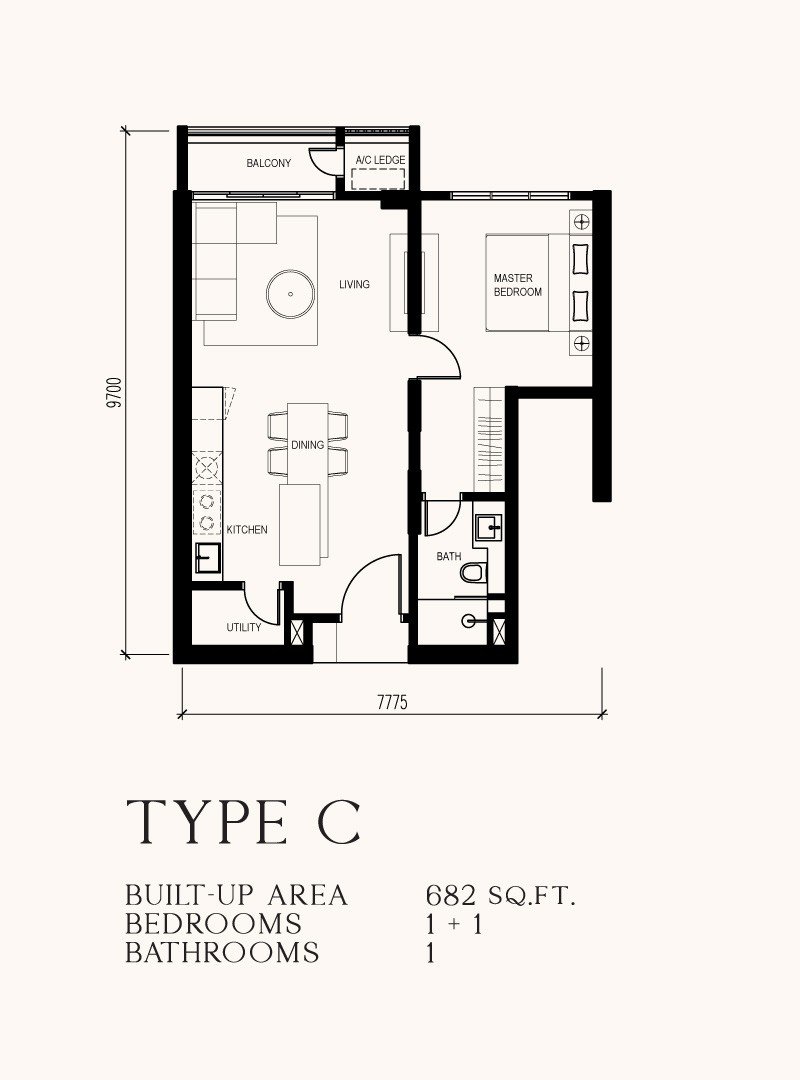 Khaya Residences Bangsar Type C floor plan, 682 sq ft, 1+1 bedroom