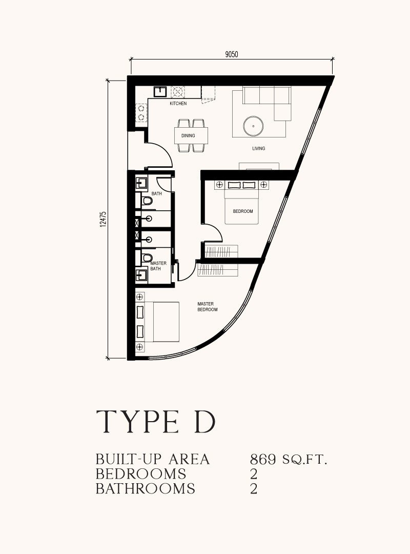 Khaya Residences Bangsar Type D floor plan, 869 sq ft, 2 bedrooms