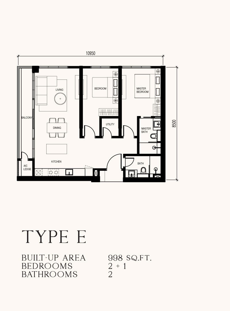 Khaya Residences Bangsar Type E floor plan, 998 sq ft, 2+1 bedrooms
