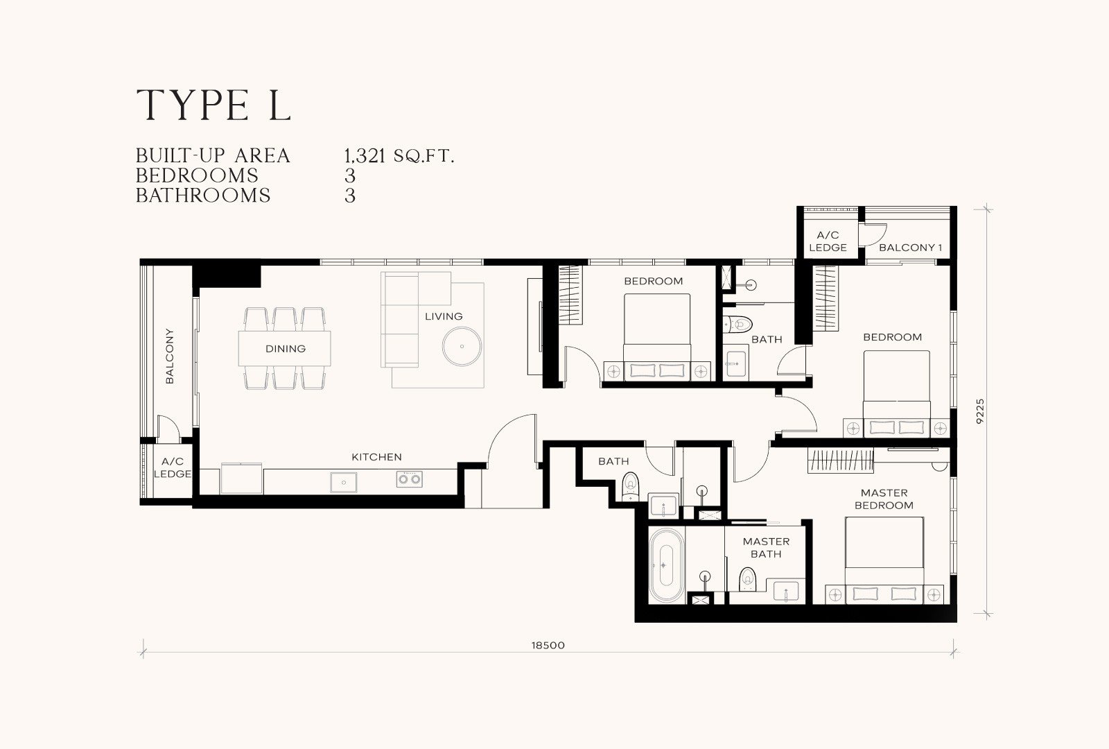 Khaya Residences Bangsar Type L floor plan, 1,321 sq ft, 3 bedrooms