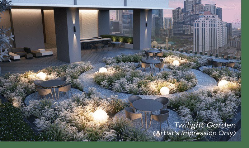 Khaya Residences Bangsar Twilight Garden with lantern seating and city skyline