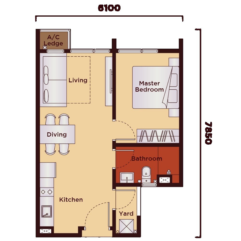 The Kingswoodz Type A unit plan 474 sq ft, 1 bedroom