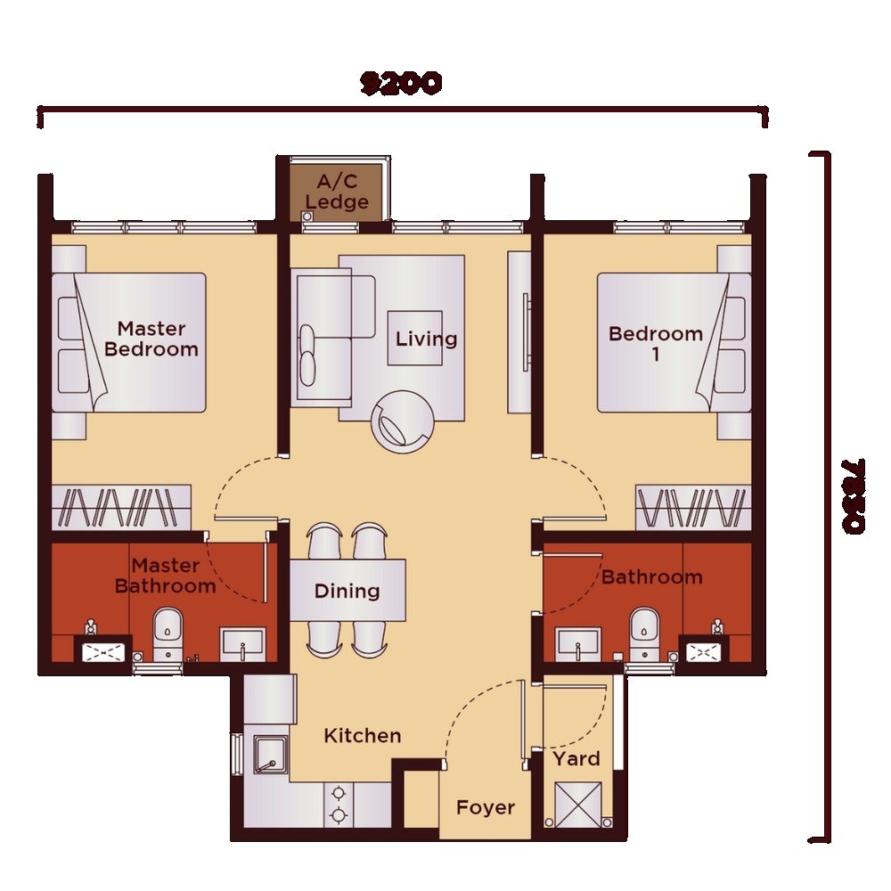The Kingswoodz Type B unit plan 678 sq ft, 2 bedrooms