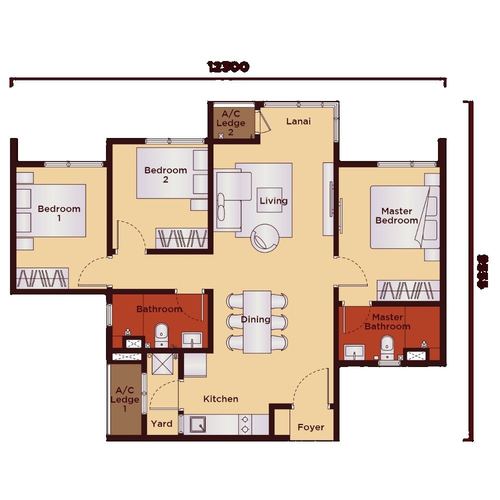 The Kingswoodz Type C unit plan 904 sq ft, 3 bedrooms