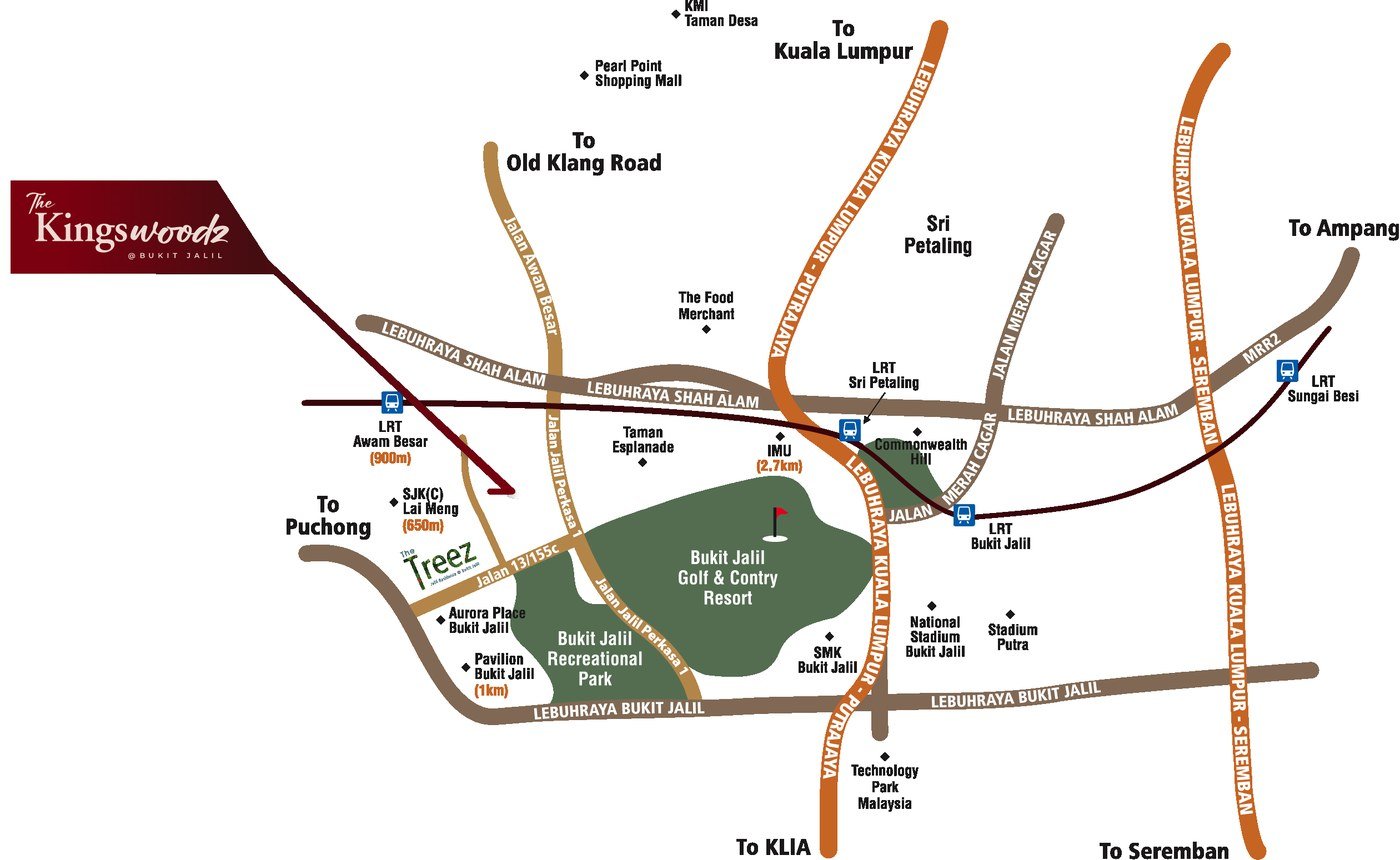 The Kingswoodz Bukit Jalil location map showing Awan Besar LRT, Pavilion Bukit Jalil, the recreational park and golf course, and the KESAS, MEX and Bukit Jalil highways