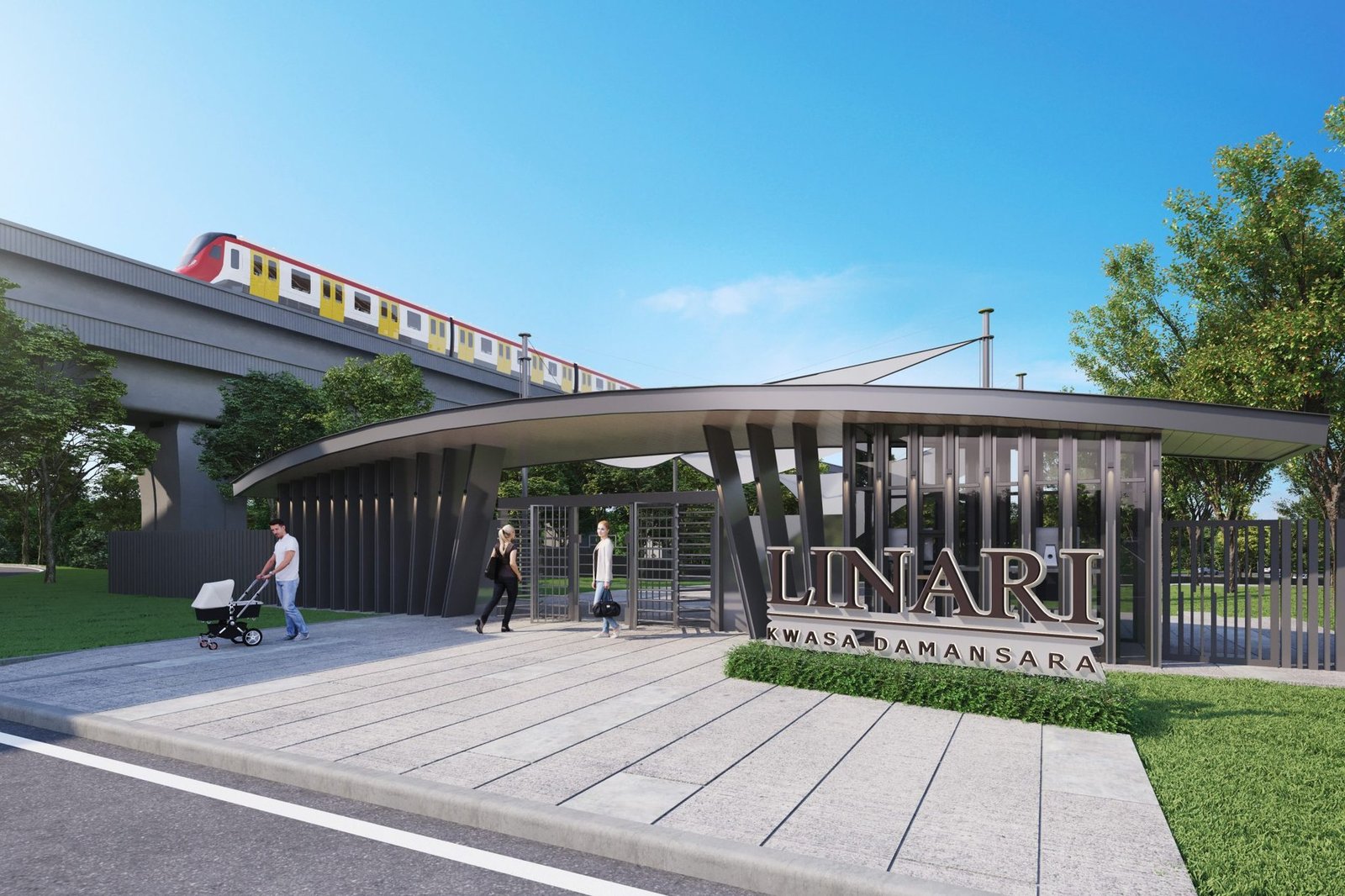 Linari Kwasa Damansara grand entrance with the MRT line passing above
