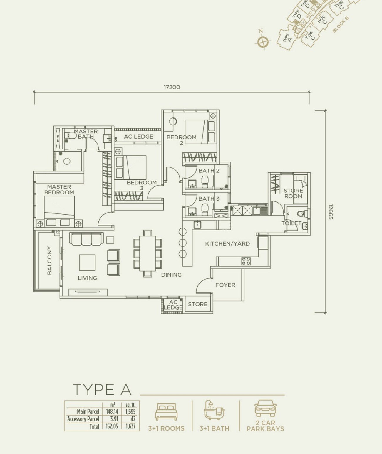 Linari Kwasa Damansara Type A floor plan — 1,637 sq ft, 3+1 bedrooms, 3+1 bathrooms (sold out)