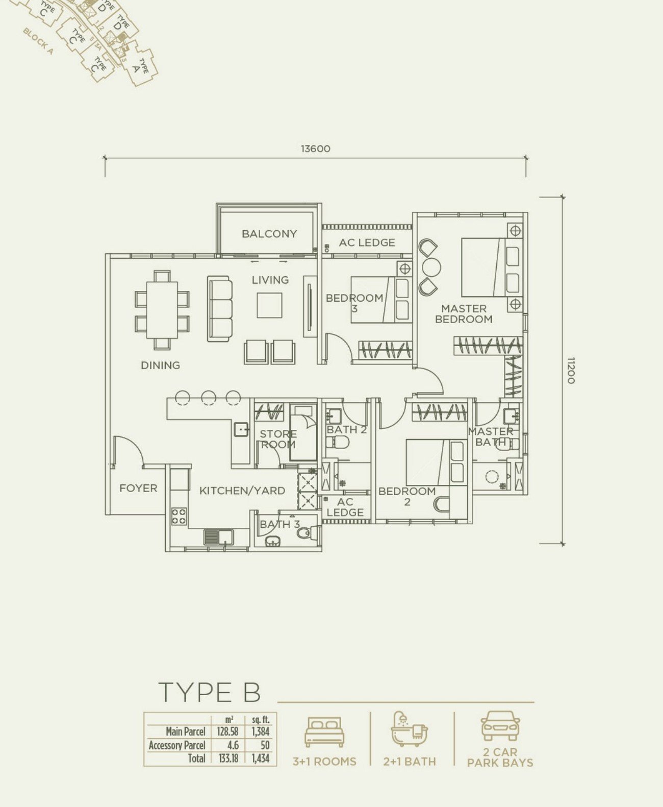 Linari Kwasa Damansara Type B floor plan — 1,434 sq ft, 3+1 bedrooms, 2+1 bathrooms (sold out)