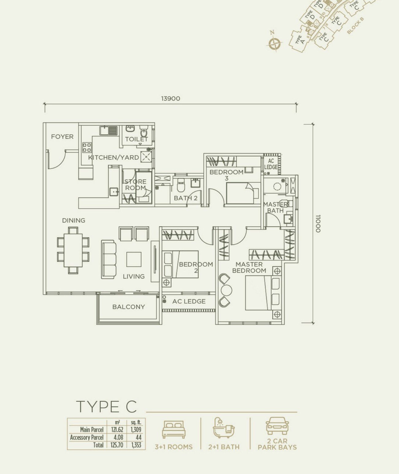 Linari Kwasa Damansara Type C floor plan — 1,353 sq ft, 3+1 bedrooms, 2+1 bathrooms (sold out)