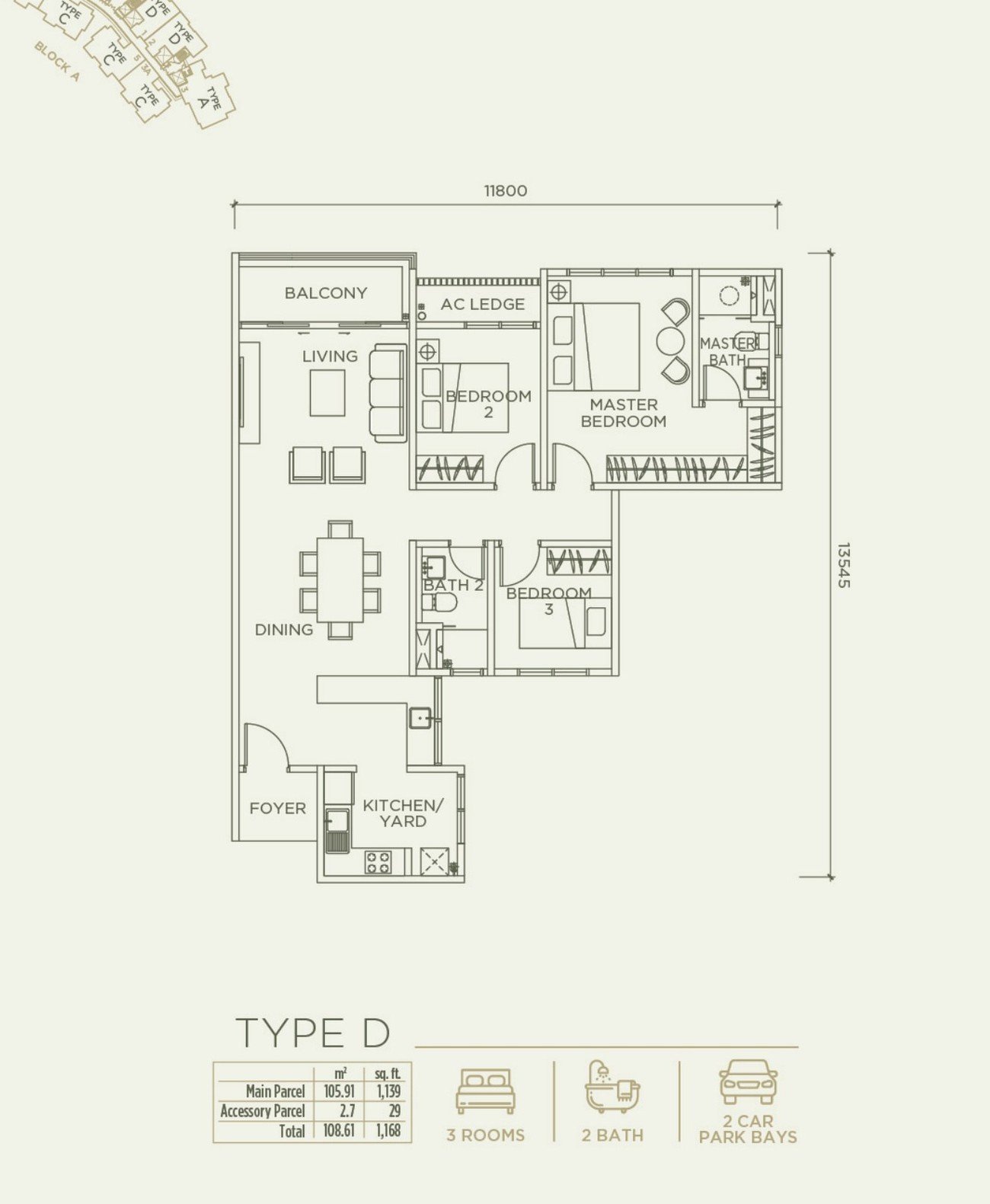 Linari Kwasa Damansara Type D floor plan — 1,168 sq ft, 3 bedrooms, 2 bathrooms