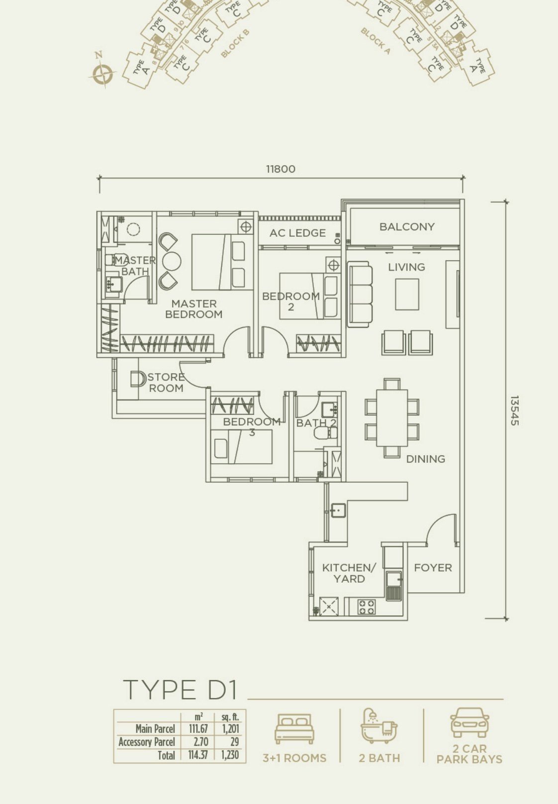 Linari Kwasa Damansara Type D1 floor plan — 1,230 sq ft, 3+1 bedrooms, 2 bathrooms