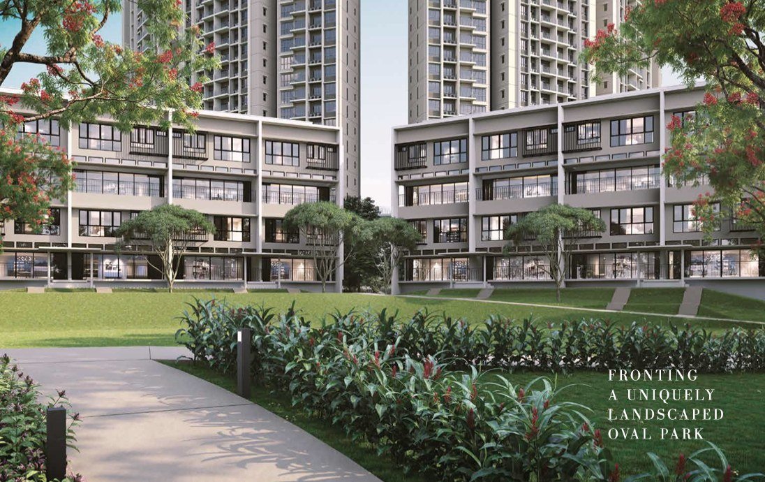 Linari Kwasa Damansara parkhomes fronting the landscaped oval park with towers behind