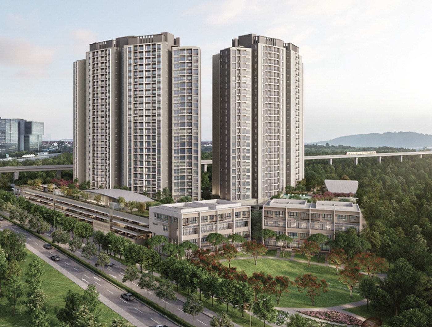 Linari Kwasa Damansara aerial view of the twin condominium towers, parkhomes and MRT viaduct