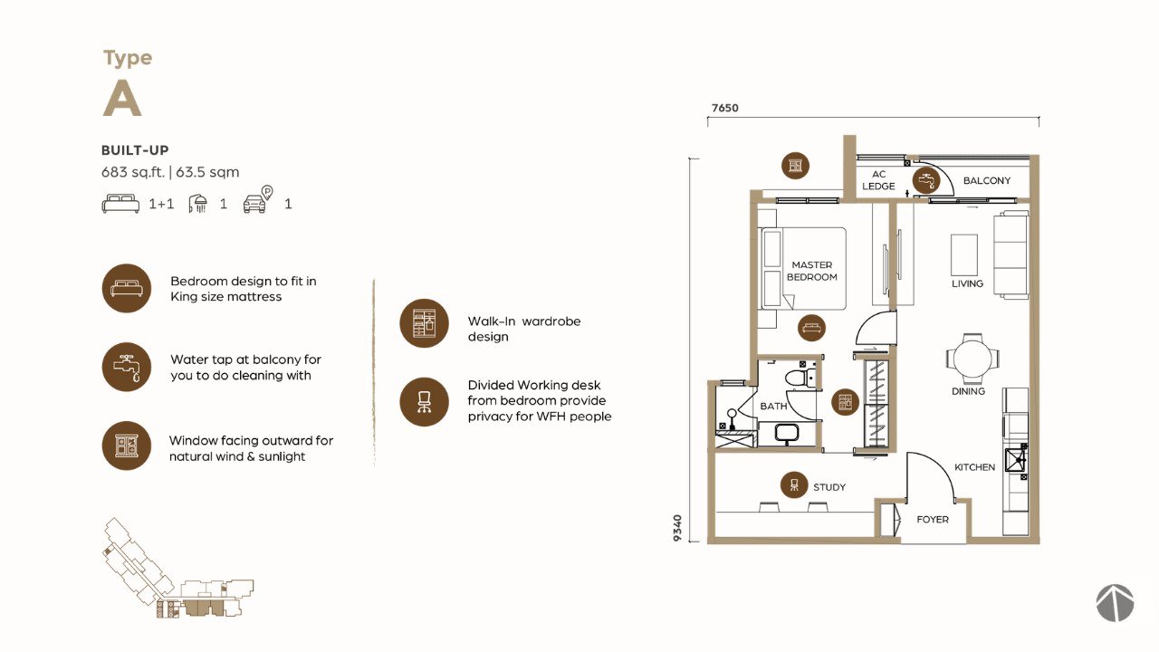 Lunar Seputeh Type A floor plan — 683 sq ft, 1+1 bedrooms, 1 bathroom, 1 car park, with master bedroom, study, living, dining, kitchen and balcony