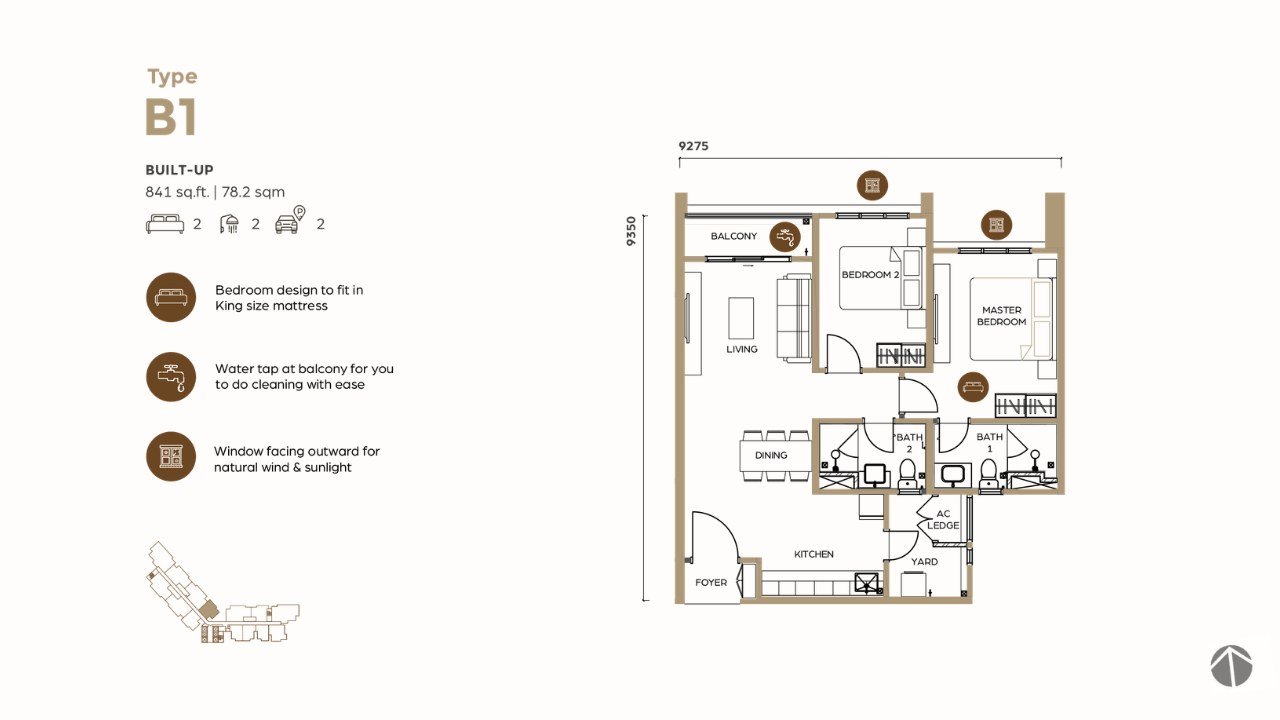 Lunar Seputeh Type B1 floor plan — 841 sq ft, 2 bedrooms, 2 bathrooms, 2 car parks, with living, dining, kitchen, yard and balcony