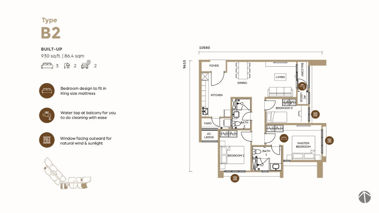 Lunar Seputeh Type B2 floor plan — 930 sq ft, 3 bedrooms, 2 bathrooms, 2 car parks, with living, dining, kitchen, yard and balcony