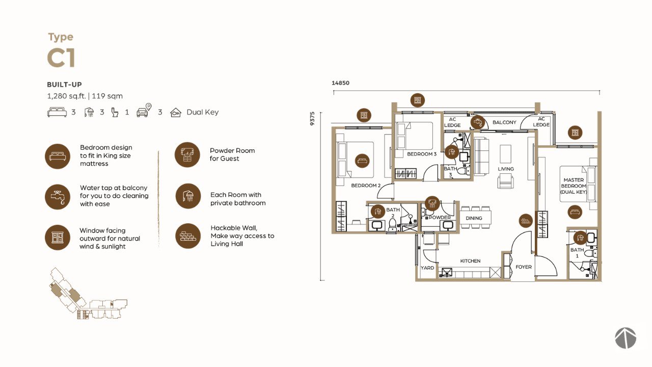 Lunar Seputeh Type C1 floor plan — 1,280 sq ft, 3 bedrooms, 3 bathrooms plus powder room, 3 car parks, dual-key layout