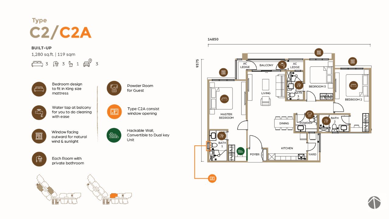 Lunar Seputeh Type C2 / C2A floor plan — 1,280 sq ft, 3 bedrooms, 3 bathrooms plus powder room, 3 car parks, C2A convertible to dual key