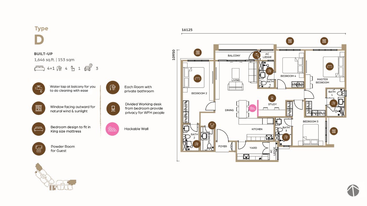 Lunar Seputeh Type D floor plan — 1,646 sq ft, 4+1 bedrooms, 4 bathrooms plus powder room, 3 car parks, with study and hackable wall