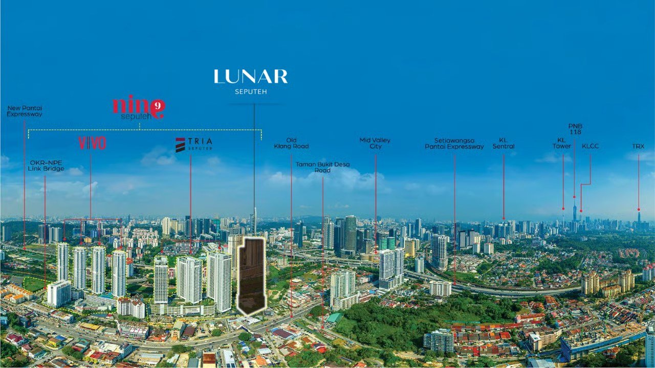 Lunar Seputeh location aerial showing 9 Seputeh, Mid Valley City, KL Sentral, KL Tower, Merdeka 118, KLCC and TRX