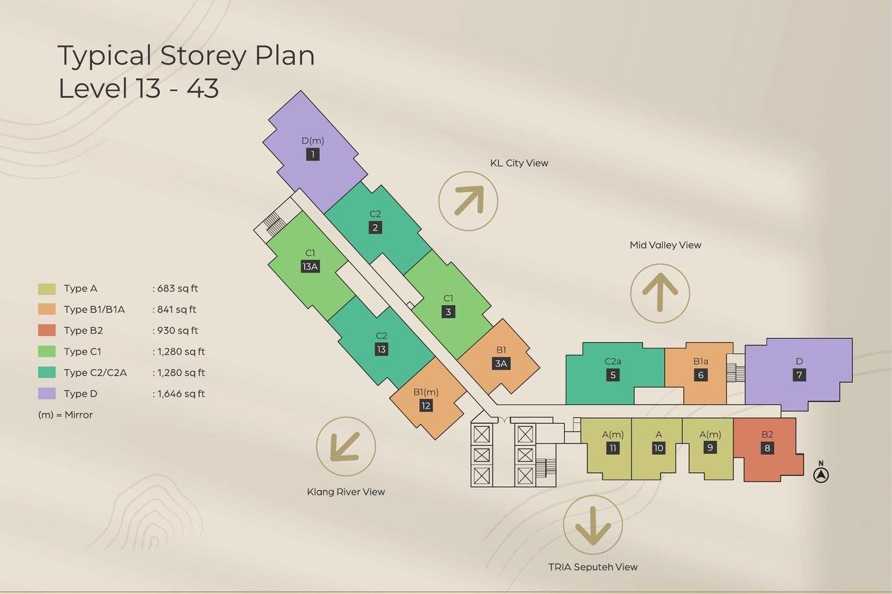 Lunar Seputeh typical storey plan (Level 13–43) showing unit types and views — KL City, Mid Valley, Klang River and TRIA Seputeh