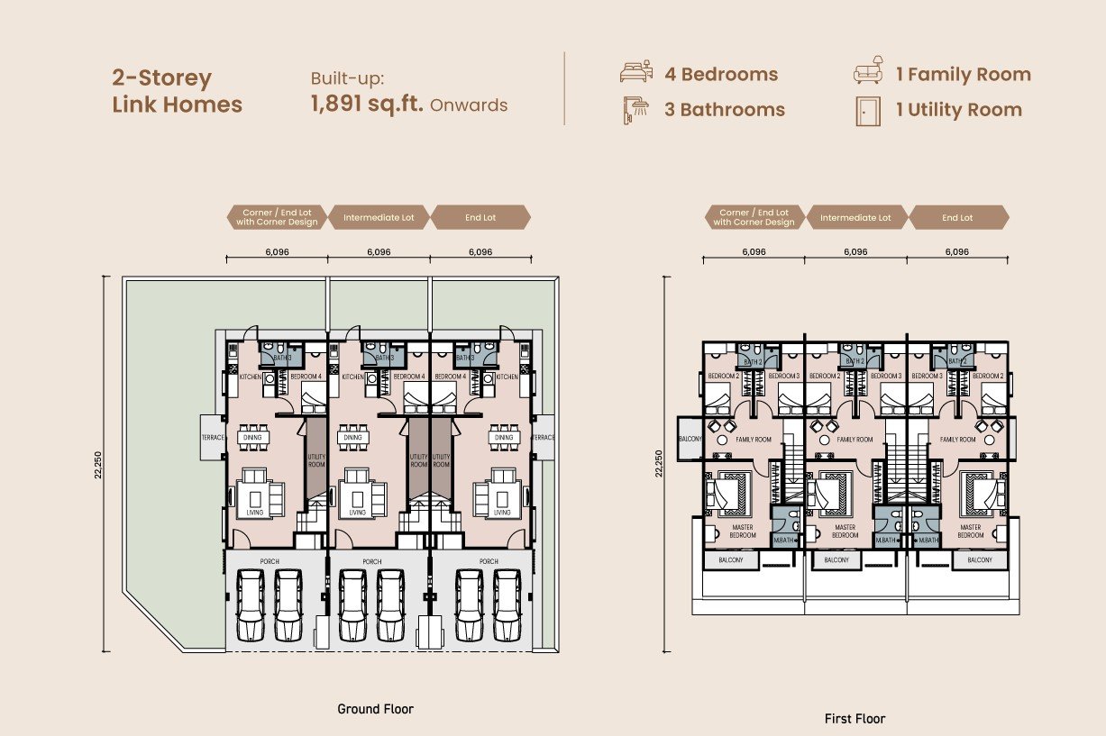 Majestic Flora Semenyih 20'×73' floor plan — 2-storey link home, 4 bedrooms, 1,891 sq ft, ground floor and first floor layouts