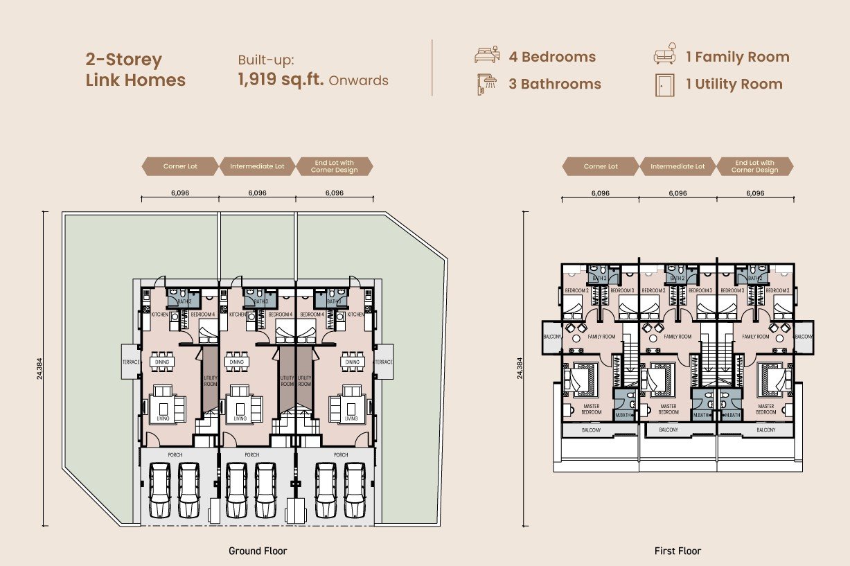 Majestic Flora Semenyih 20'×80' floor plan — 2-storey link home, 4 bedrooms, 1,919 sq ft, ground floor and first floor layouts