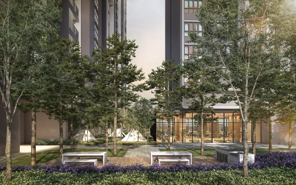 M Aspira Taman Desa landscaped garden with glamping tents and gym pavilion