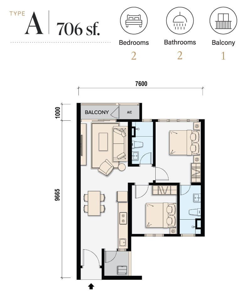 M Aspira Taman Desa Type A floor plan, 706 sq ft, 2 bedrooms 2 bathrooms with balcony