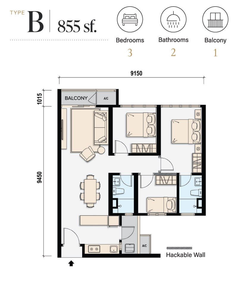 M Aspira Taman Desa Type B floor plan, 855 sq ft, 3 bedrooms 2 bathrooms with balcony