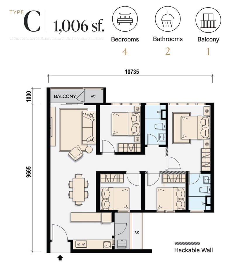 M Aspira Taman Desa Type C floor plan, 1,006 sq ft, 4 bedrooms 2 bathrooms with balcony