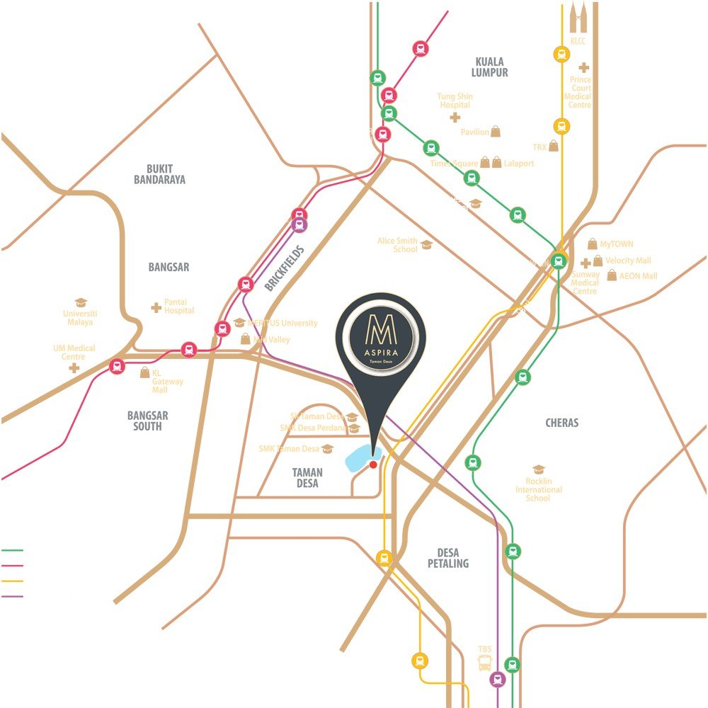 M Aspira Taman Desa location map showing Mid Valley, KL Gateway Mall, Bangsar, Universiti Malaya, Pantai Hospital, the KL-Seremban Expressway and rail lines around Kuala Lumpur