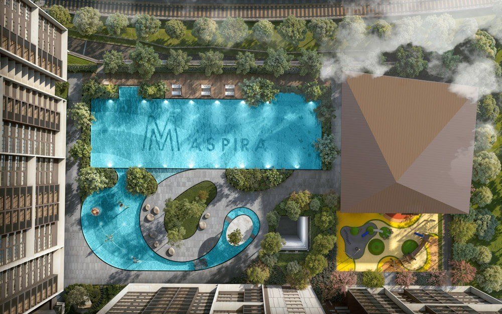 M Aspira Taman Desa aerial view of the pool deck and playground