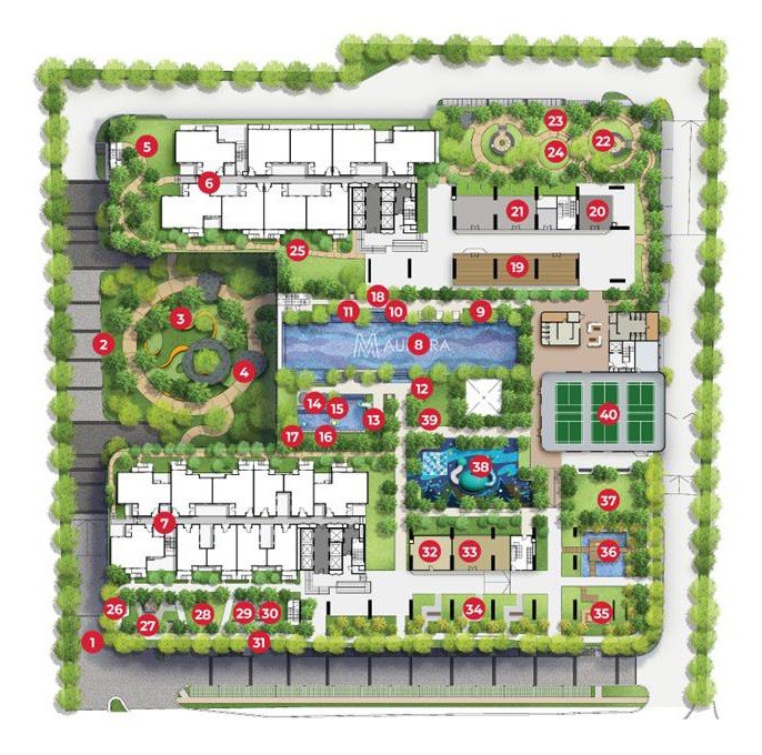 M Aurora Old Klang Road facilities plan — Ground and Level 8 podium deck showing the 50m lap pool, gardens, glamping dome, playground and multi-purpose hall