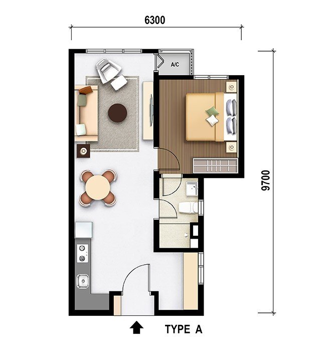 M Aurora Old Klang Road Type A floor plan, 556 sq ft, 1+1 bedroom