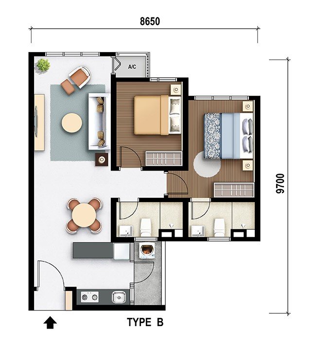 M Aurora Old Klang Road Type B floor plan, 737 sq ft, 2 bedrooms
