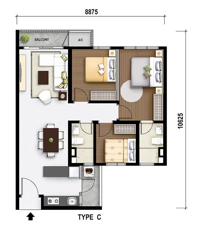 M Aurora Old Klang Road Type C floor plan, 858 sq ft, 3 bedrooms with balcony