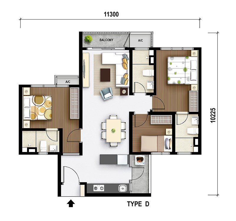 M Aurora Old Klang Road Type D floor plan, 916 sq ft, 3 bedrooms with balcony
