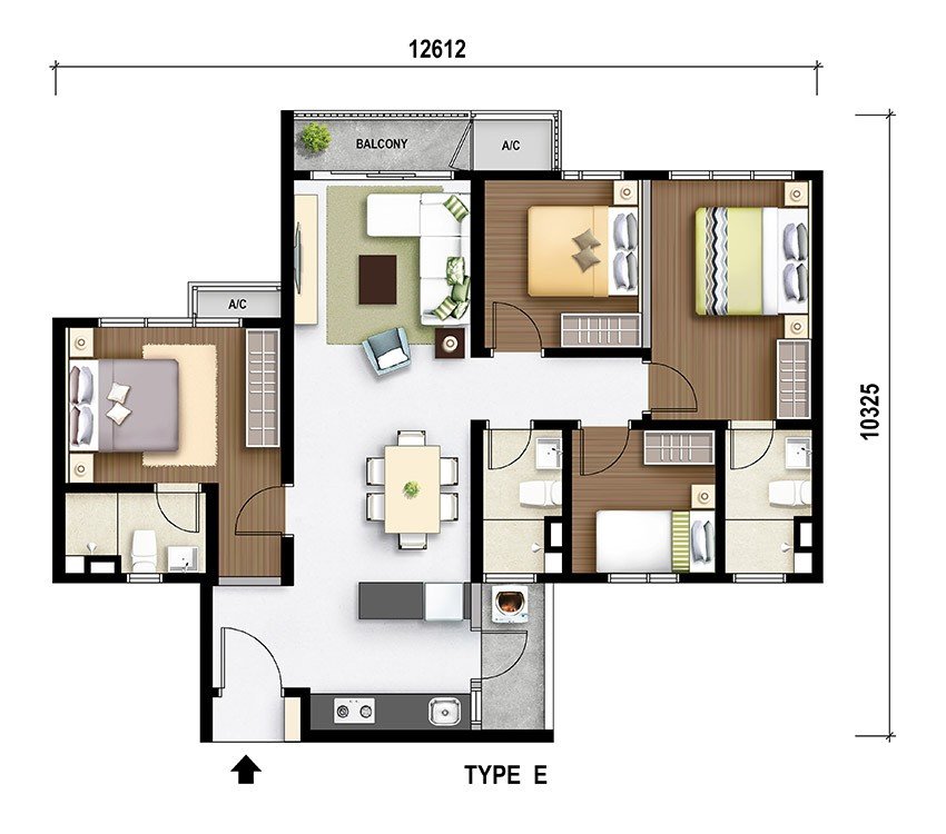 M Aurora Old Klang Road Type E floor plan, 1,019 sq ft, 4 bedrooms with balcony