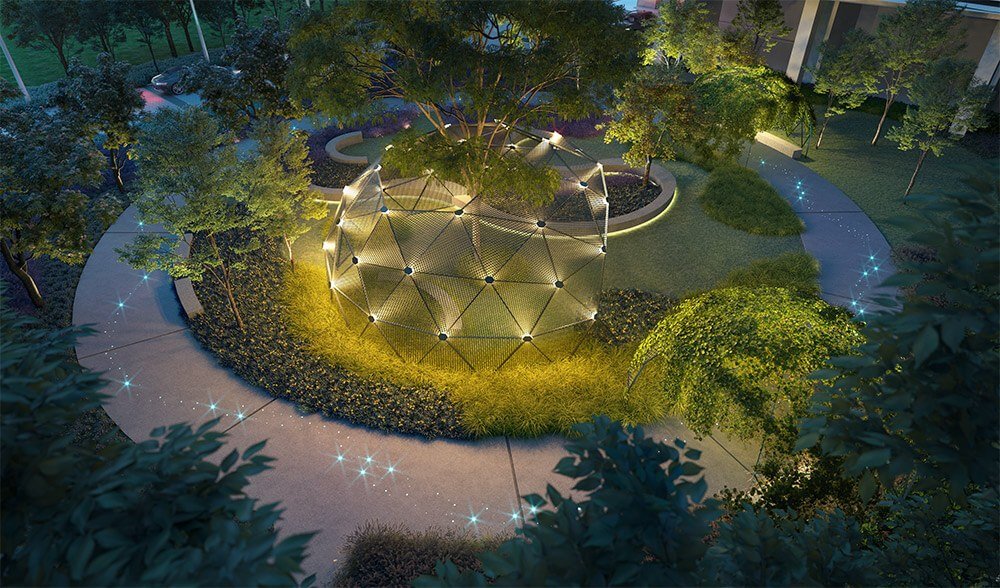 M Aurora Old Klang Road Green Dome play structure lit at night