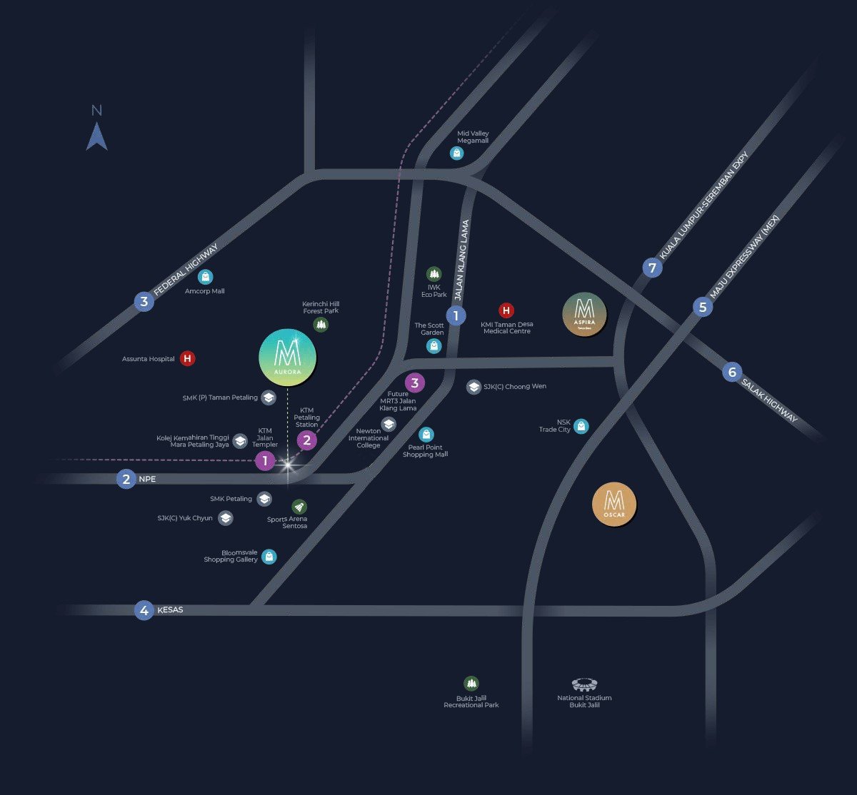 M Aurora Old Klang Road location map showing NPE, Federal Highway, KESAS, MEX, KTM stations, Mid Valley and surrounding Kuala Lumpur landmarks