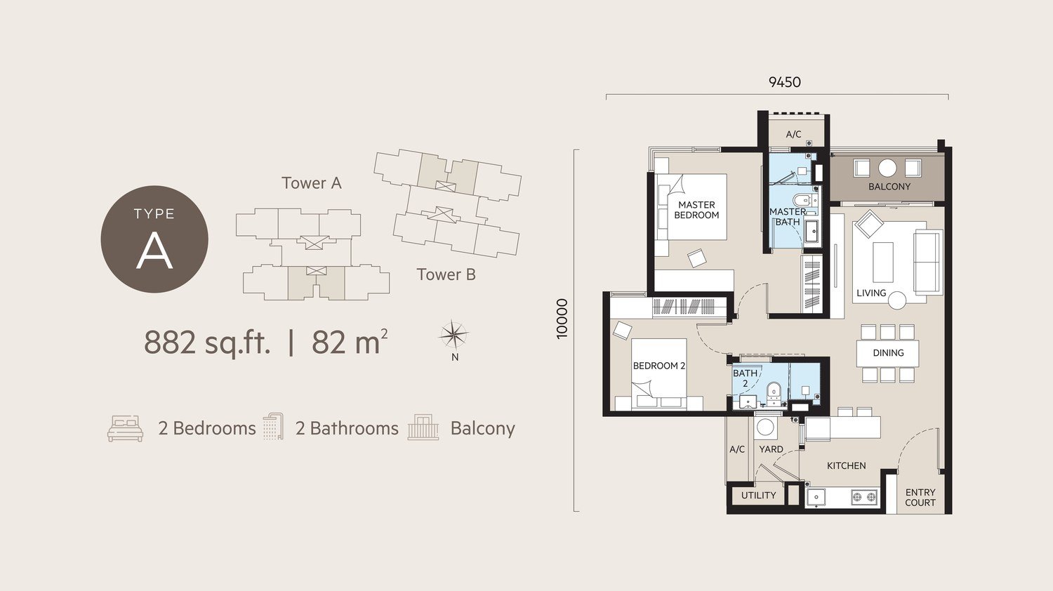 OAKA Residences Type A floor plan 882 sq ft