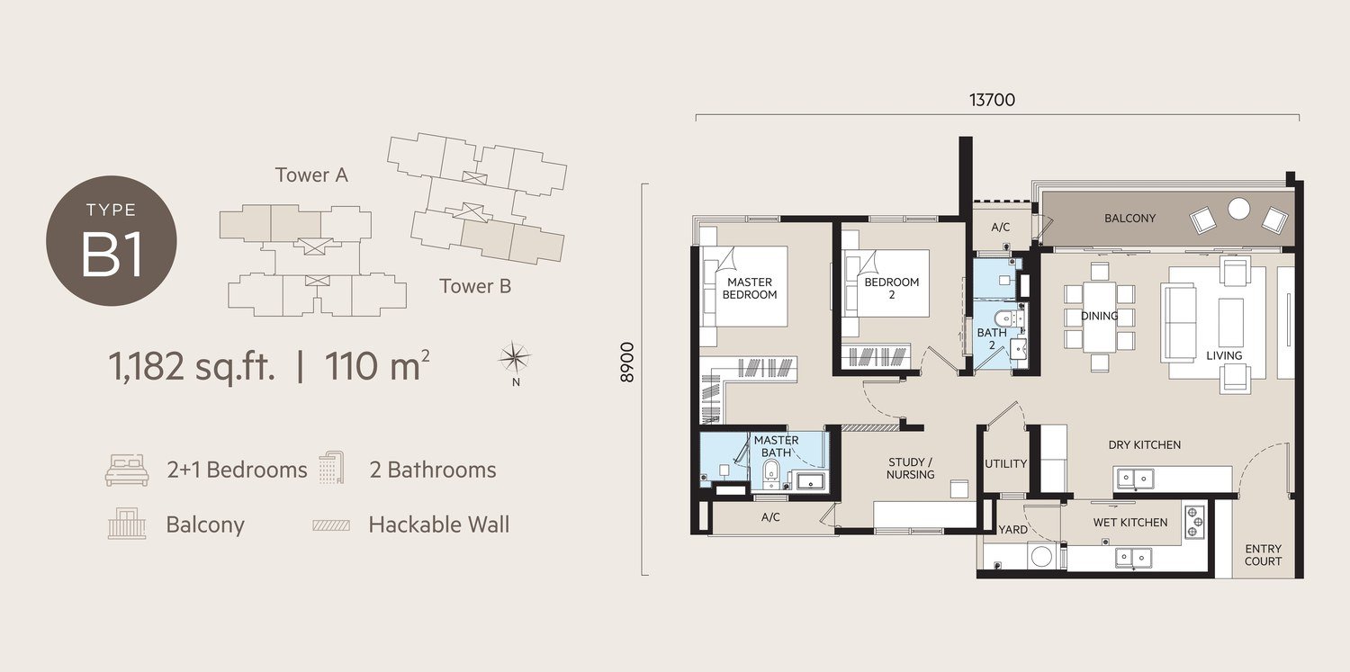 OAKA Residences Type B1 floor plan 1182 sq ft