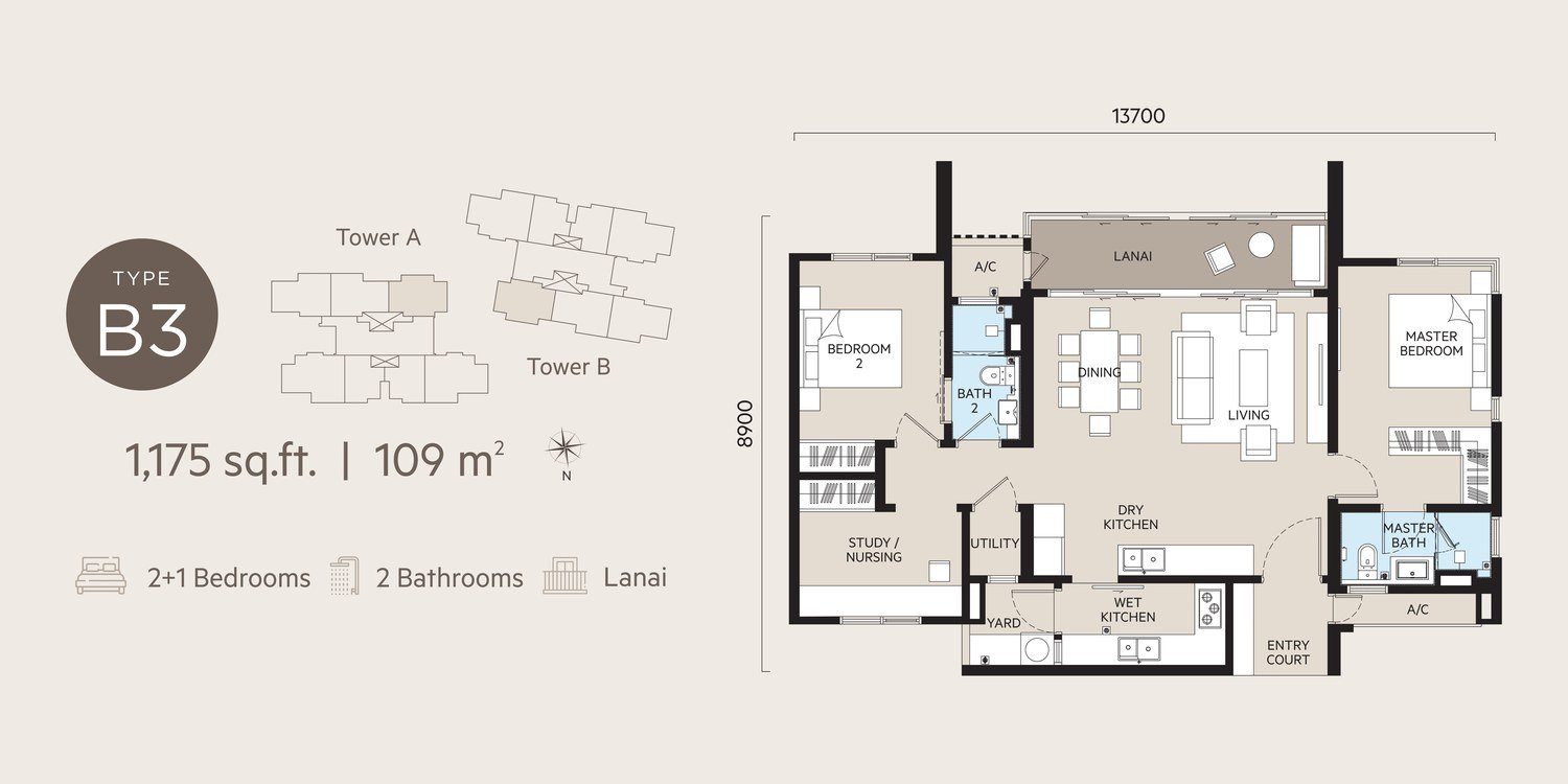 OAKA Residences Type B3 floor plan 1175 sq ft