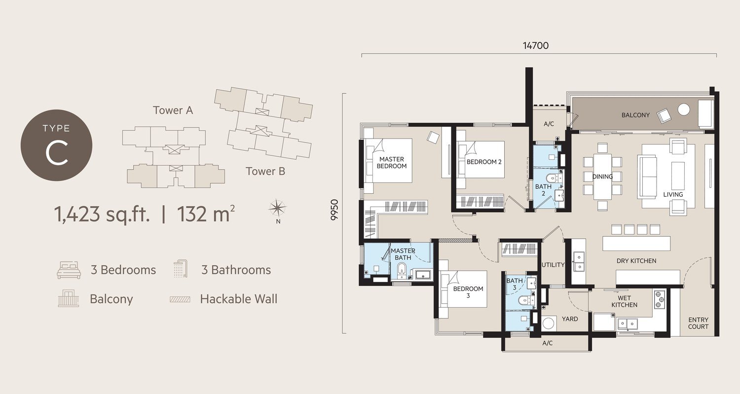OAKA Residences Type C floor plan 1423 sq ft
